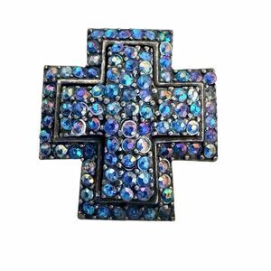 Blue Aurora Borealis Rhinestone Cross Brooch